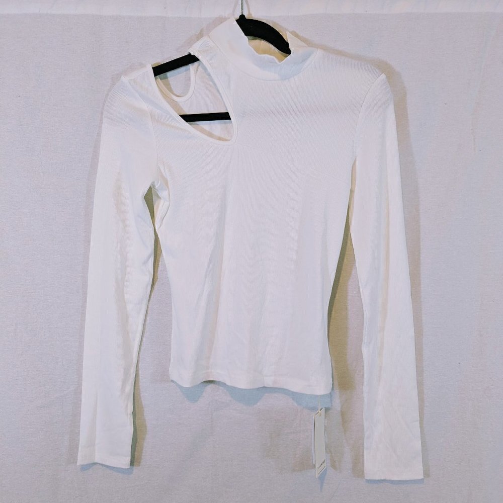 Commense White Ribbed Cutout Mock Turtleneck Top Size M